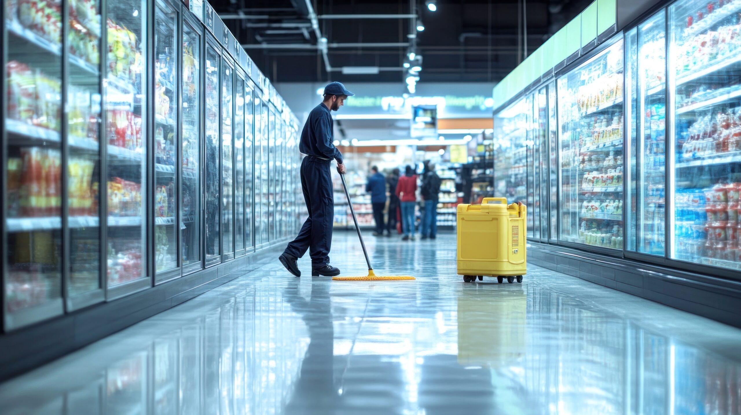 Professional cleaning of a supermarket refrigeration aisle