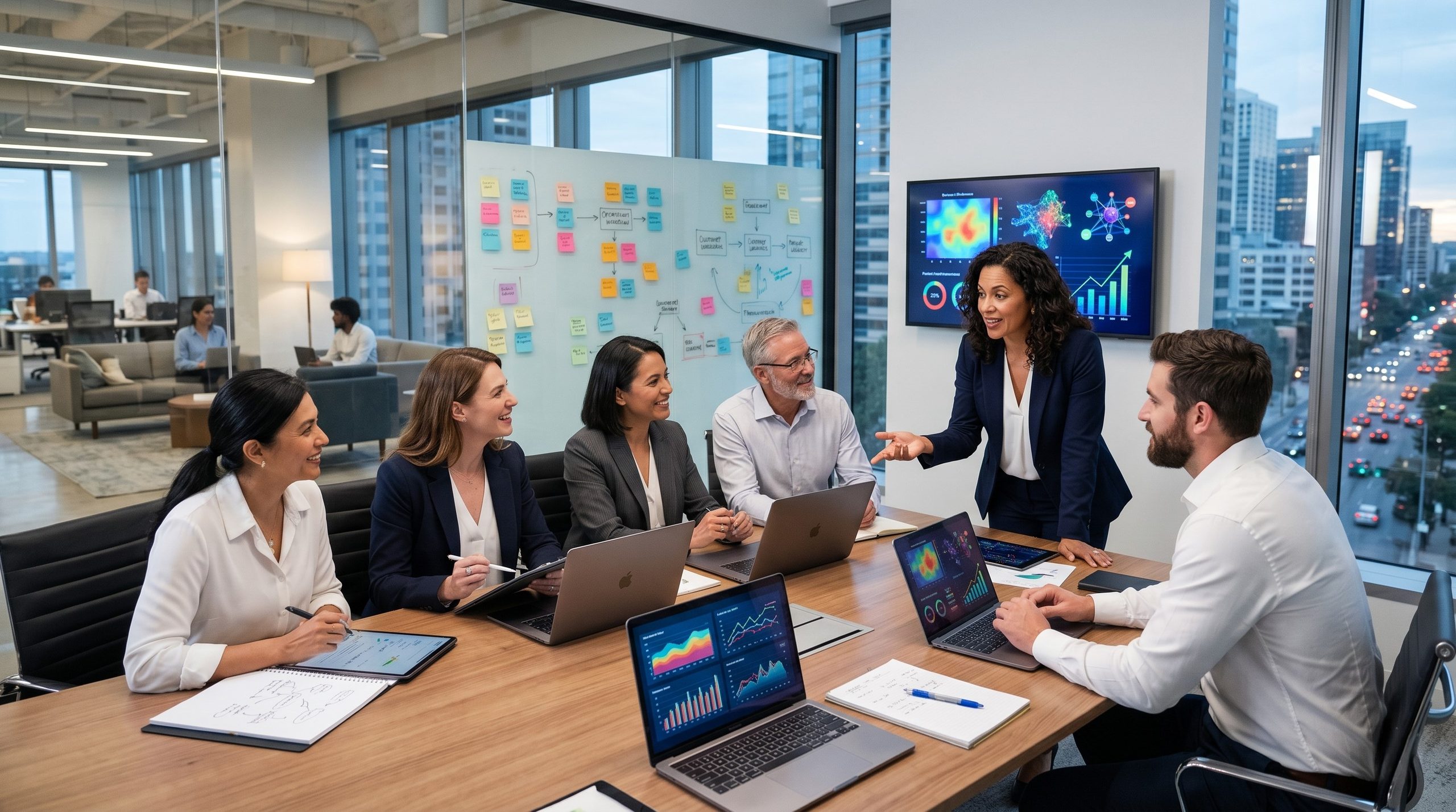 Business leaders discussing strategy in a modern office