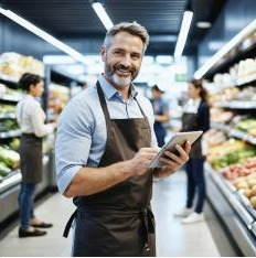 Retail manager reviewing a supermarket floor